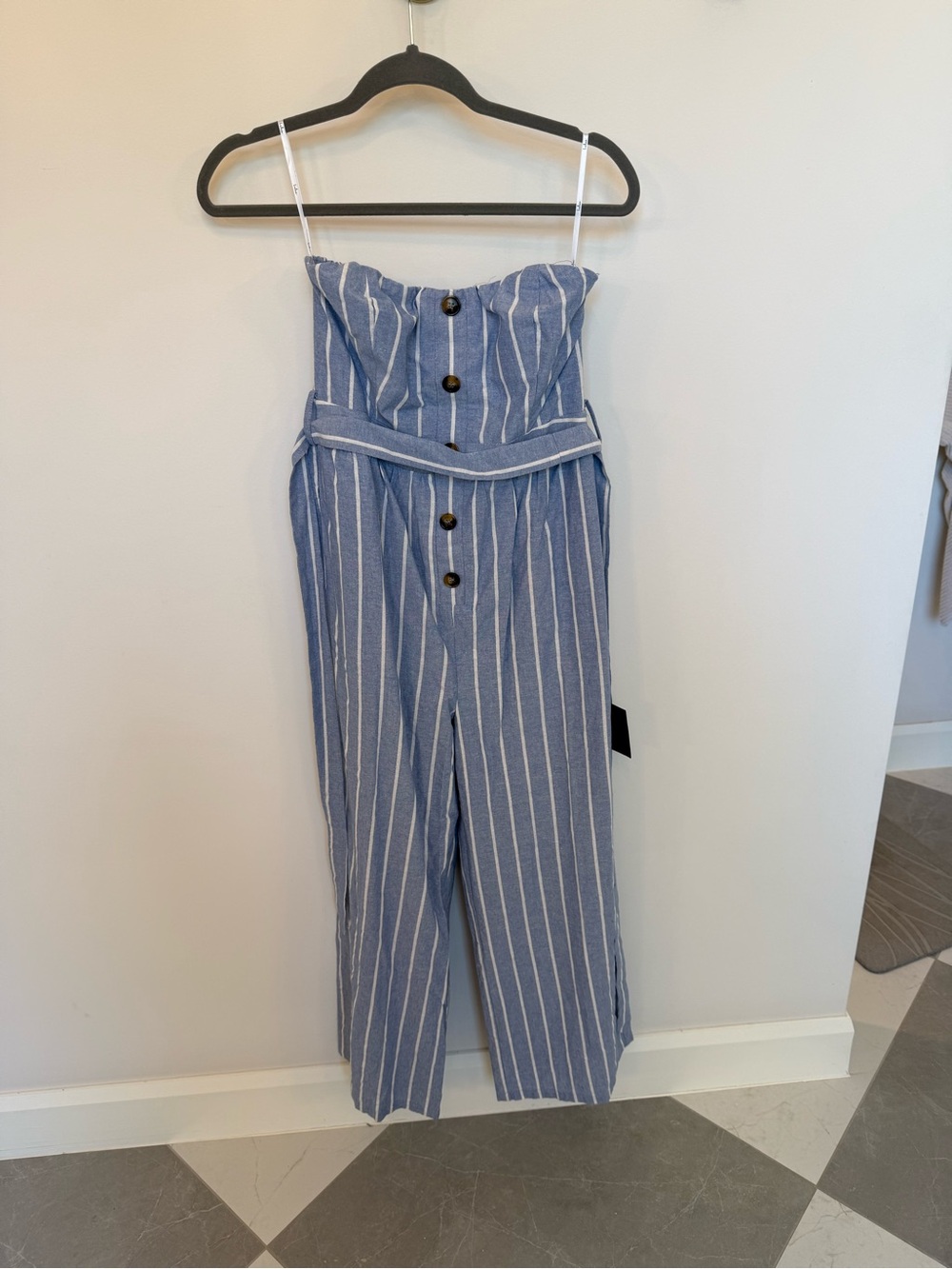 Lulu's Blue and White Striped Strapless Button-Front Jumpsuit